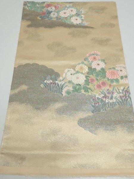 Photo1: 1D03z70  Japanese Kimono Silk Obi FABRIC material Flowers Cream-Gold 19.7x12.4 (1)