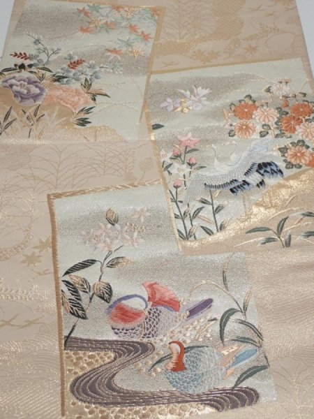 Photo1: 1D01z230  Japanese Kimono Silk Obi FABRIC material Birds Beige-Gold 60.6x12.2 (1)