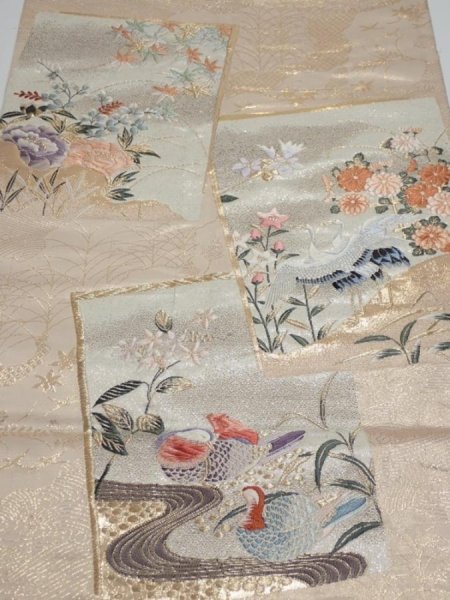 Photo1: 1D02z170  Japanese Kimono Silk Obi FABRIC material Birds Beige-Gold 44.1x12.2 (1)