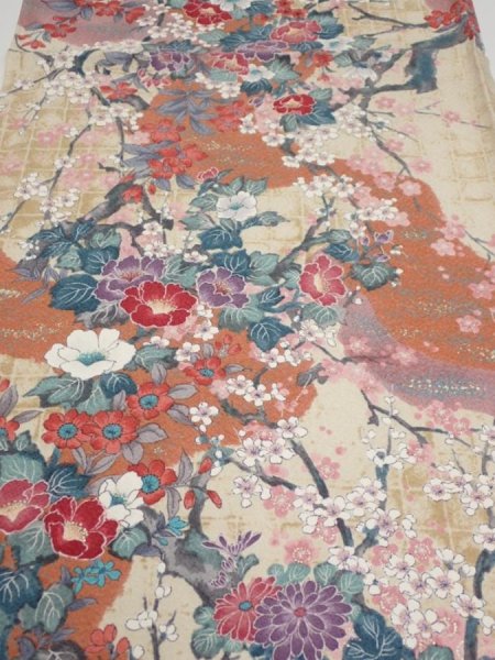 Photo1: 1Z01z60  Japanese Kimono Silk  FABRIC Flowers Sand beige 40.2x14.8 (1)