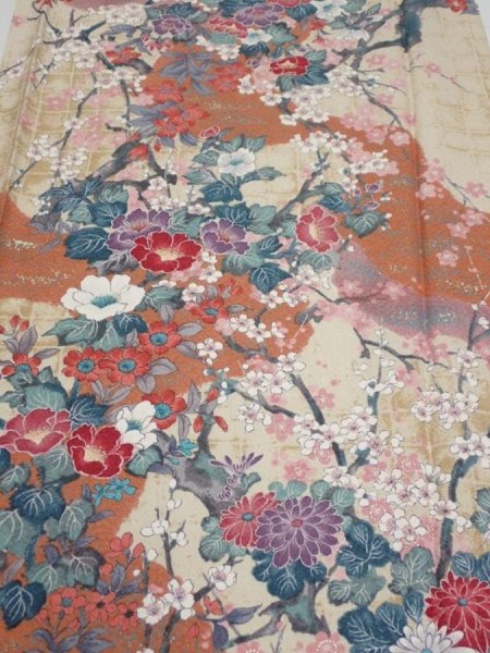 Photo1: 1Z03z90  Japanese Kimono Silk  FABRIC Flowers Sand beige 68.5x14.8 (1)