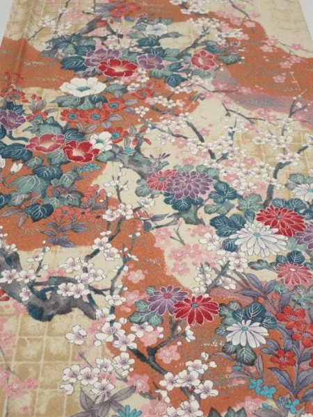 Photo1: 1Z05z90  Japanese Kimono Silk  FABRIC Flowers Sand beige 68.5x14.8 (1)