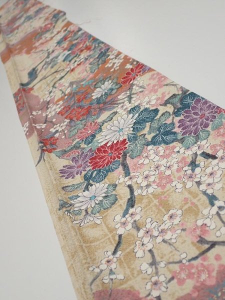 Photo1: 1Z07z50  Japanese Kimono Silk  FABRIC Flowers Sand beige 63.8x7.3 (1)