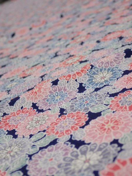 Photo1: 1Z01z60  Japanese Kimono Silk  FABRIC Chrysanthemum Navy 43.7x14.8 (1)