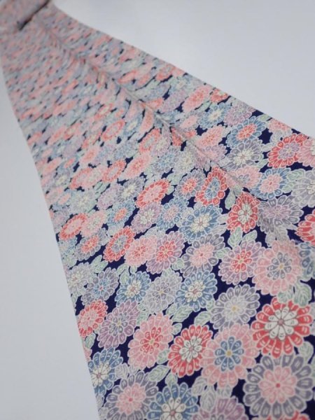 Photo1: 1Z09z60  Japanese Kimono Silk  FABRIC Chrysanthemum Navy 87.4x6.9 (1)