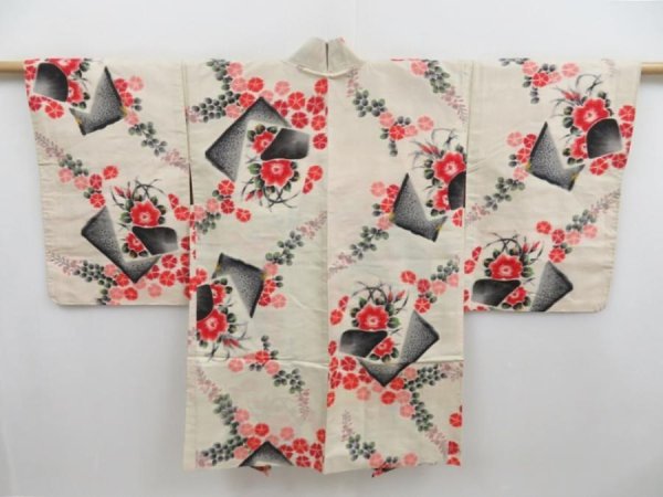 Photo1: 4819T10z370 Vintage Japanese Kimono Silk MEISEN HAORI Flowers Off-white (1)