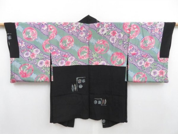 Photo1: 4819T11z460 Vintage Japanese Kimono Silk HAORI  Black (1)