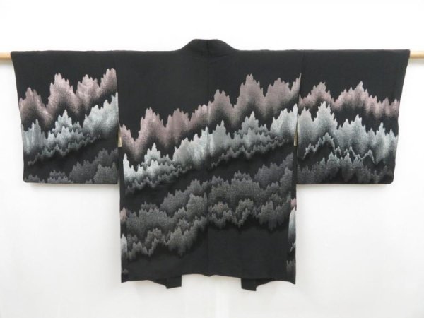 Photo1: 4819T05z610 Vintage Japanese Kimono Silk HAORI Trees Black (1)