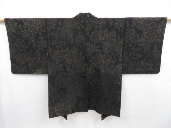 Photo1: 4819T07z600 Vintage Japanese Kimono Silk HAORI Flower Black (1)