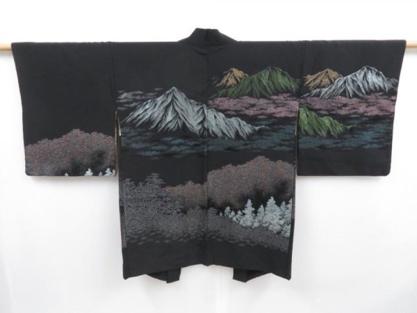 Photo1: 4820T07z690 Vintage Japanese Kimono Silk HAORI Mountain Black (1)