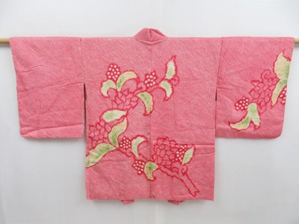 Photo1: 4820T10z470 Vintage Japanese Kimono Silk SHIBORI HAORI Flower Red-Pink (1)