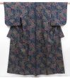 Photo1: 4824T05z800 Vintage Japanese Kimono Silk TSUMUGI Flower Dark navy (1)