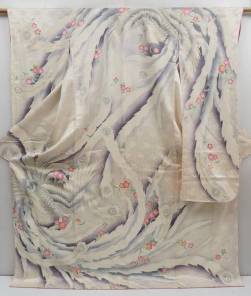 Photo1: 4824T07z980 Vintage Japanese Kimono Silk FURISODE Phoenix Off-white (1)