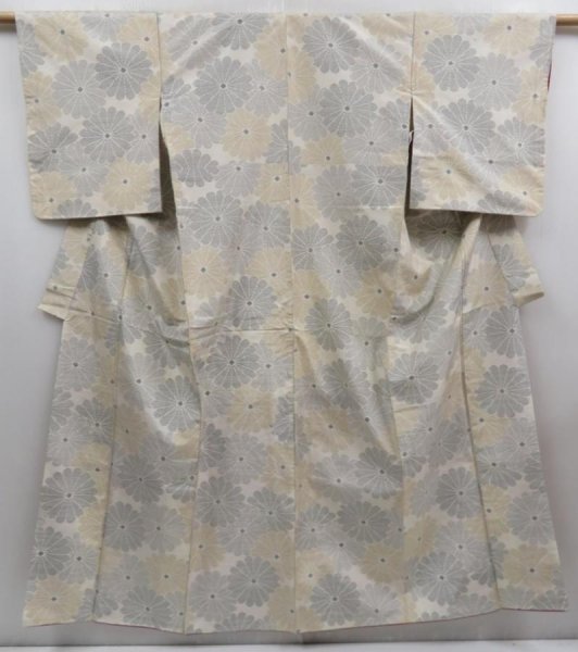 Photo1: 4824T10z760 Vintage Japanese Kimono Silk TSUMUGI Chrysanthemum Off-white (1)