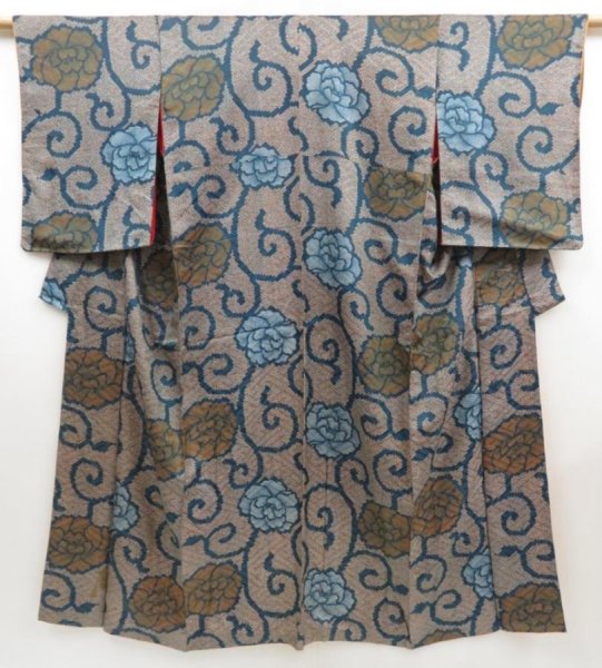 Photo1: 4915T09z490 Vintage Japanese Kimono Silk KOMON Flower Orange-Brown (1)