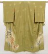 Photo1: 4915T11z580 Antique Japanese Kimono Silk IROTOMESODE Flower Olive (1)