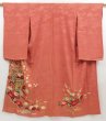 Photo1: 4915T13z580 Antique Japanese Kimono Silk IROTOMESODE Flowers Dark coral (1)