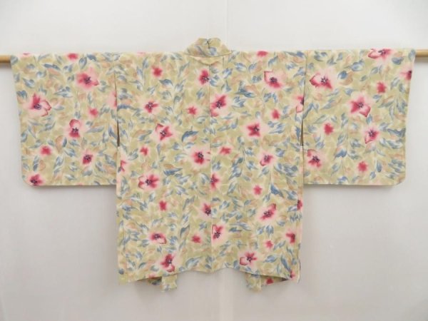 Photo1: 4916T07z500 Vintage Japanese Kimono Silk HAORI Flower Green-Gray (1)