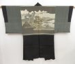 Photo1: 4916T09z440 Vintage Japanese Kimono Silk Men's HAORI Scenery Black (1)