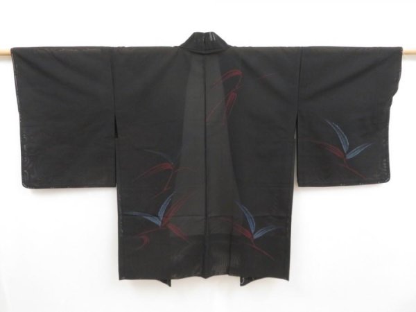 Photo1: 4917T03z290 Vintage Japanese Kimono Silk See through HAORI Bamboo grass Black (1)