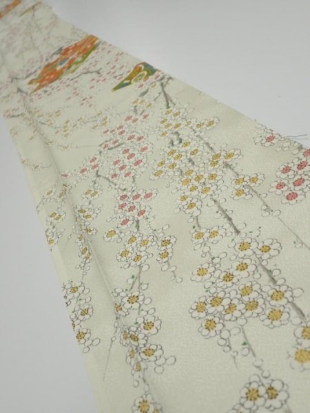 Photo1: 2E08z50  Japanese Kimono Silk  FABRIC Plum branch Lime-white 63.0x7.9 (1)