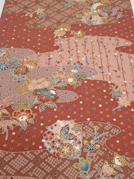 Photo1: 2E01z70  Japanese Kimono Silk  FABRIC Flowers Brown 47.6x14.4 (1)