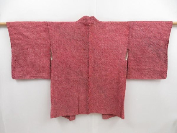 Photo1: 4923T12z430 Vintage Japanese Kimono Silk SHIBORI HAORI  Dark red (1)