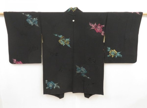 Photo1: 4928T11z630 Vintage Japanese Kimono Silk HAORI Rose Black (1)