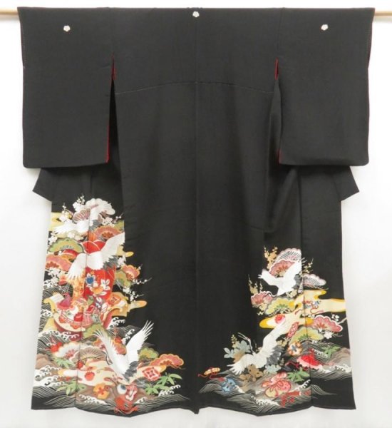 Photo1: 4928T13z680 Antique Japanese Kimono Silk TOMESODE Flying crane Black (1)