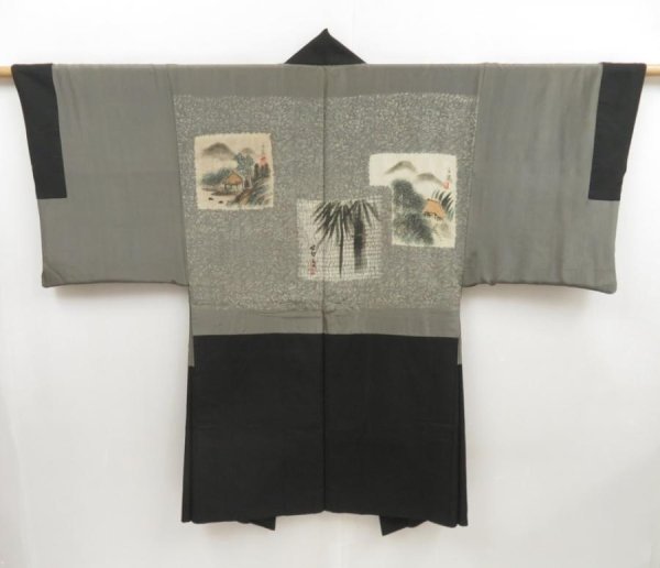 Photo1: 4930T01z560 Vintage Japanese Kimono Silk Men's HAORI Bamboo Black (1)