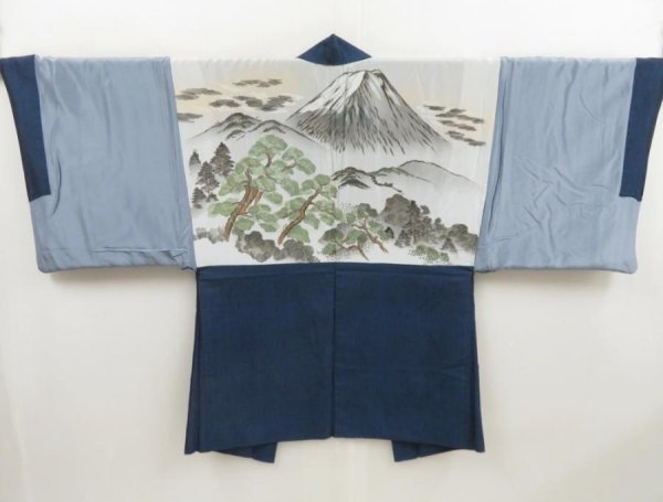 Photo1: 4930T03z490 Vintage Japanese Kimono Silk Men's HAORI Mt.Fuji Dark blue (1)