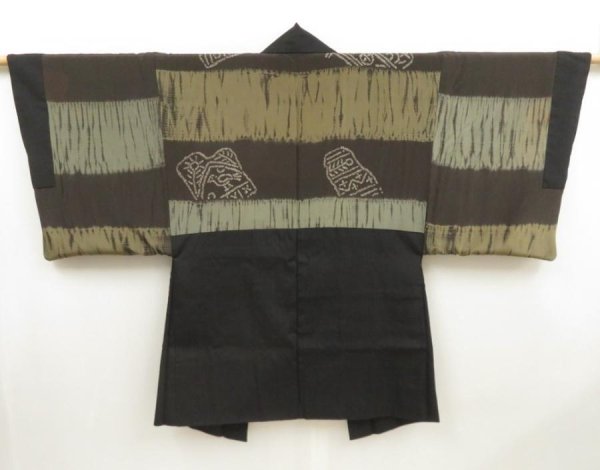 Photo1: 4930T08z610 Vintage Japanese Kimono Silk Men's HAORI  Black (1)