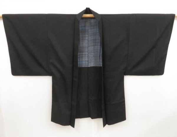 Photo1: 4930T13z680 Vintage Japanese Kimono Silk Men's HAORI  Black (1)