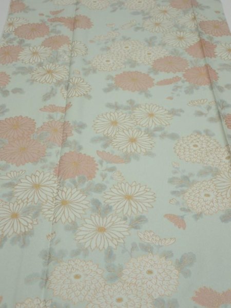 Photo1: 2Z03z90  Japanese Kimono Silk  FABRIC Chrysanthemum Light blue 66.1x14.6 (1)