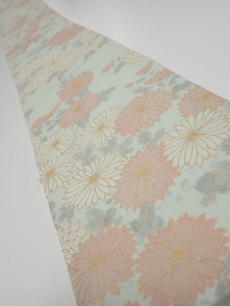 Photo1: 2Z07z50  Japanese Kimono Silk  FABRIC Chrysanthemum Light blue 59.1x7.5 (1)