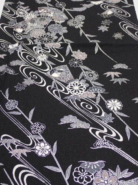 Photo1: 2Z01z50  Japanese Kimono Silk  FABRIC Flowers Black 37.8x13.8 (1)