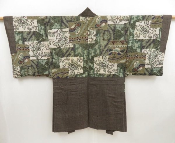 Photo1: 4931T09z450 Vintage Japanese Kimono Silk Men's HAORI Bird Brown-Gray (1)