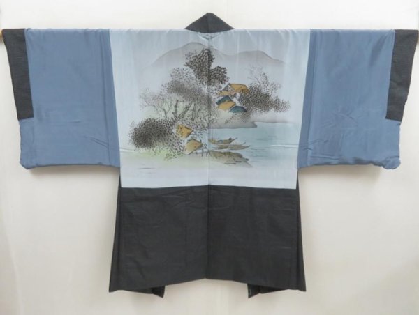 Photo1: 4931T10z510 Vintage Japanese Kimono Silk Men's HAORI Hut Navy-Gray (1)