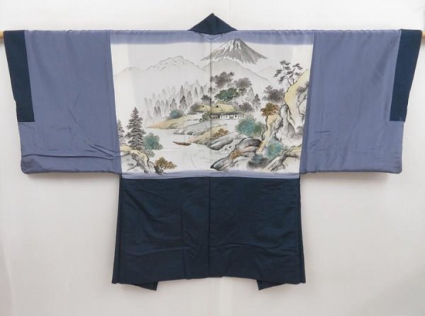 Photo1: 4931T14z600 Vintage Japanese Kimono Silk Men's HAORI House Navy (1)