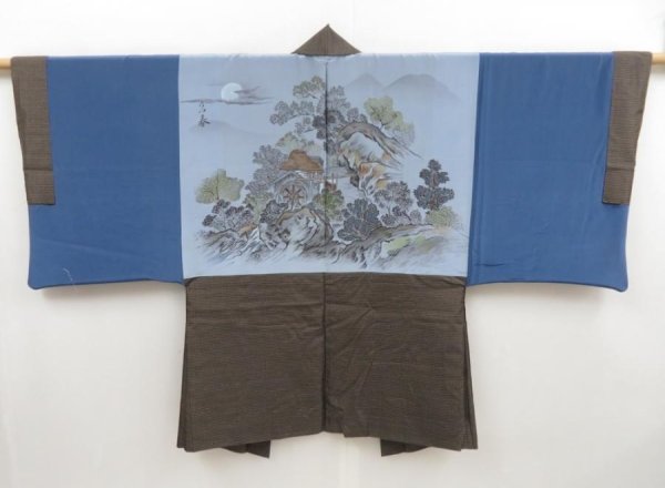 Photo1: 4931T15z540 Vintage Japanese Kimono Silk Men's HAORI House Brown-Gray (1)