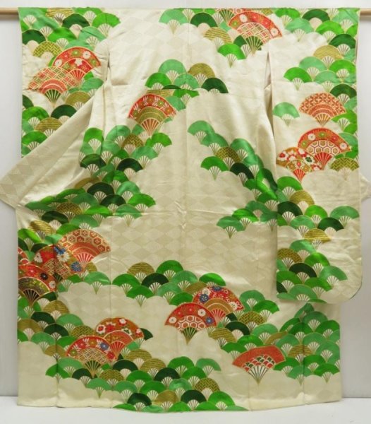 Photo1: 5001T04z980 Vintage Japanese Kimono Silk FURISODE Folding fan Off-white (1)