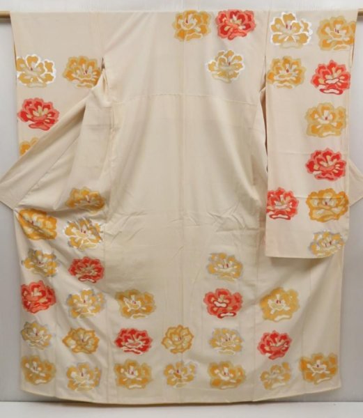 Photo1: 5001T08z1000 Vintage Japanese Kimono Silk FURISODE Flower Off-white (1)