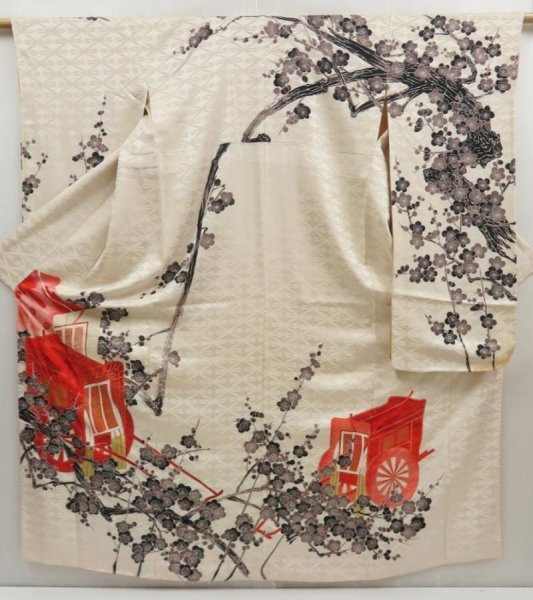 Photo1: 5001T10z1100 Vintage Japanese Kimono Silk FURISODE Royal cart Off-white (1)