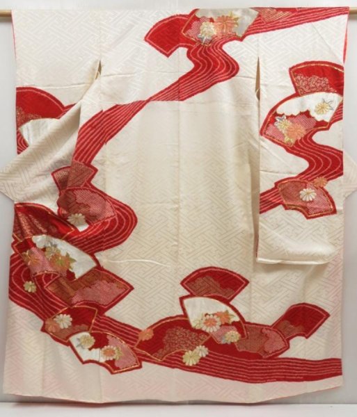 Photo1: 5001T11z1080 Vintage Japanese Kimono Silk FURISODE Jigami Off-white (1)