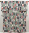 Photo1: 5003T02z970 Vintage Japanese Kimono Silk KOMON Camellia Dark gray (1)