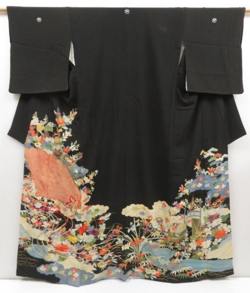 Photo1: 5004T11z1090 Vintage Japanese Kimono Crepe Silk TOMESODE Black (1)