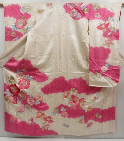 Photo1: 5004T13z1040 Vintage Japanese Kimono Silk FURISODE Peony Pink-Purple (1)