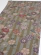 Photo3: 2H01z60  Japanese Kimono Silk  FABRIC Flowers Dark olive 38.6x14.2 (3)