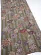 Photo2: 2H03z90  Japanese Kimono Silk  FABRIC Flowers Dark olive 63.8x14.4 (2)