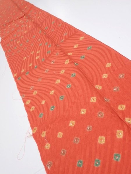 Photo1: 2H07z40  Japanese Kimono Silk  FABRIC Shibori Dark orange 55.1x7.9 (1)